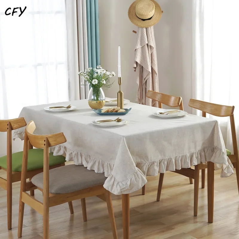 

American Cotton Linen Solid Rectangular Tables Cloth with Flounce Waterproof Coffee Desks Cover for Dining Table Wedding Decor