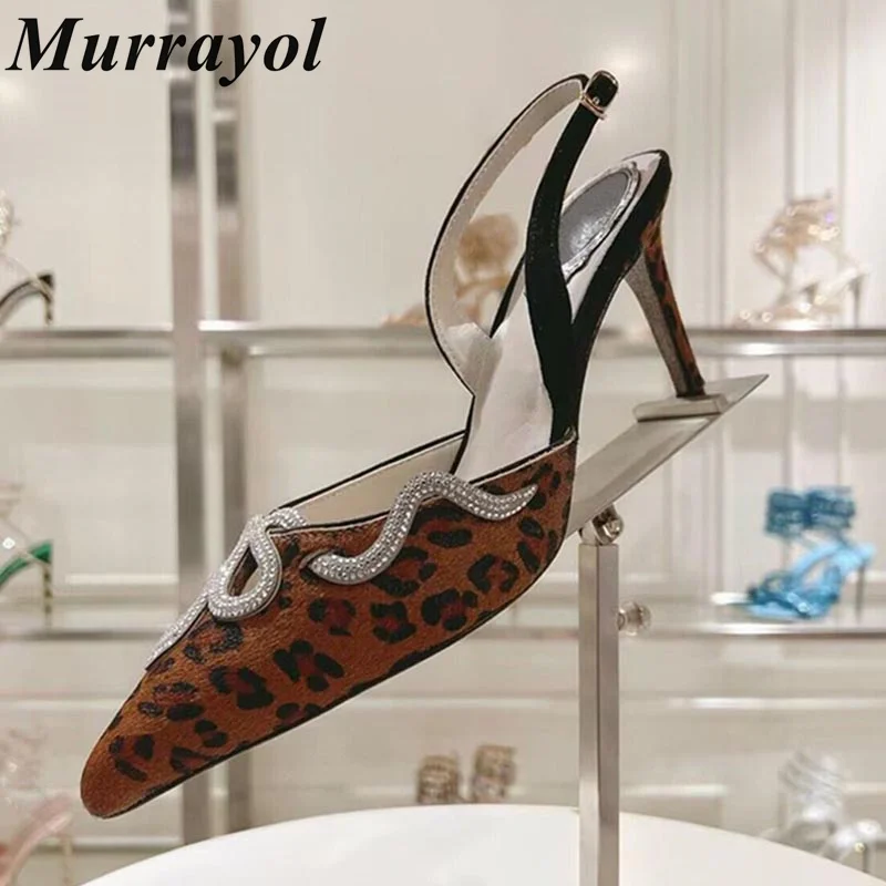 

Snakelike Rhinestone Decor Sandals Women's Pointed Toe Leopard Pattern Thin Heels Sandalias Summer Dress Shoes Pumps Slipper