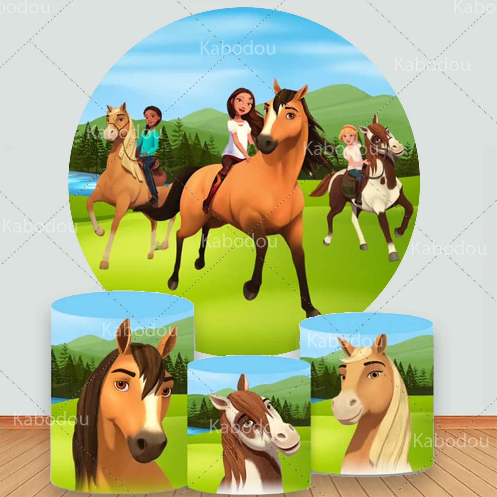 

Spirited Horse round Birthday Party Backdrop for Boys Baby Shower Photography Background Decor Cylinder Cover for Photo Booth