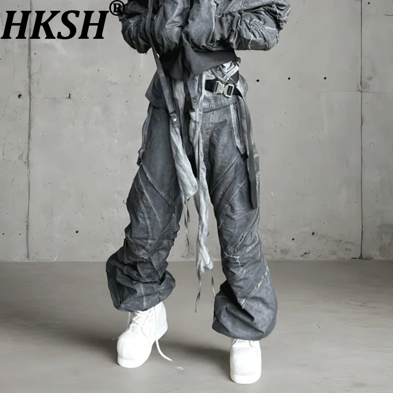 

HKSH Autumn New Man Tide Punk Dark Waste Land Деконструированный силуэт Тяжелые грязные окрашенные винтажные широкие брюки-карго Ins HK12748