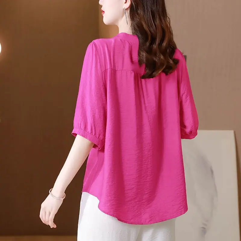 2024 Summer Artistic Retro Ethnic Style Fashion V-neck Embroidery Loose Casual Oversize Versatile Mid Sleeved Shirt for Women