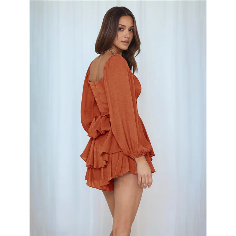 【파티 장식】여성용 점프수트 랜턴 긴 소매 러플 레이어 타이 미니 짧은 롬퍼