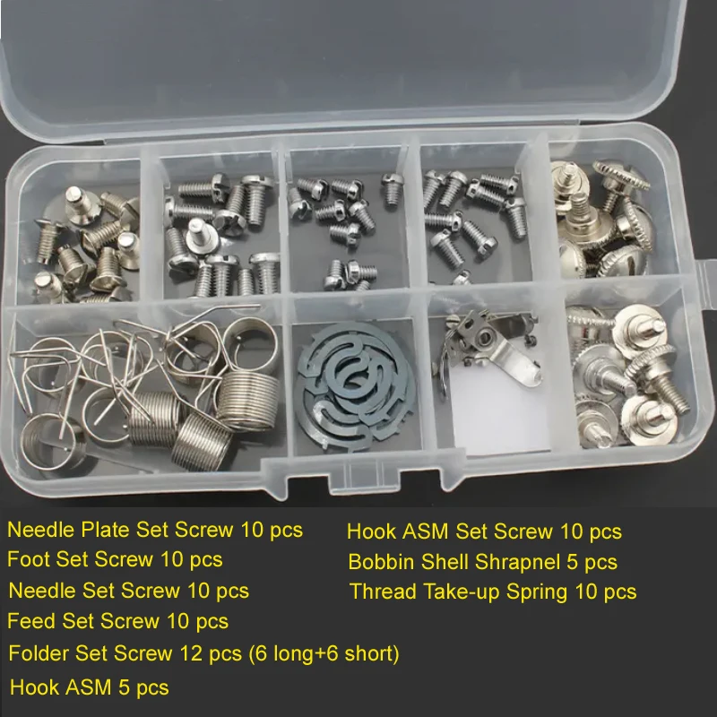 

Needle Plate Set Screw, Needle/Feed/Folder/Foot Set Screw, Hook ASM, Thread Take-up Spring Set for Industrial Sewing Machine