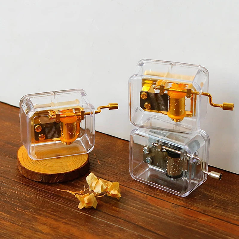 Hand Cank Music Box Mini Creative Acrylic/Wood Material Transparent Music Box Friends Couple Birthday Gift Home Decor