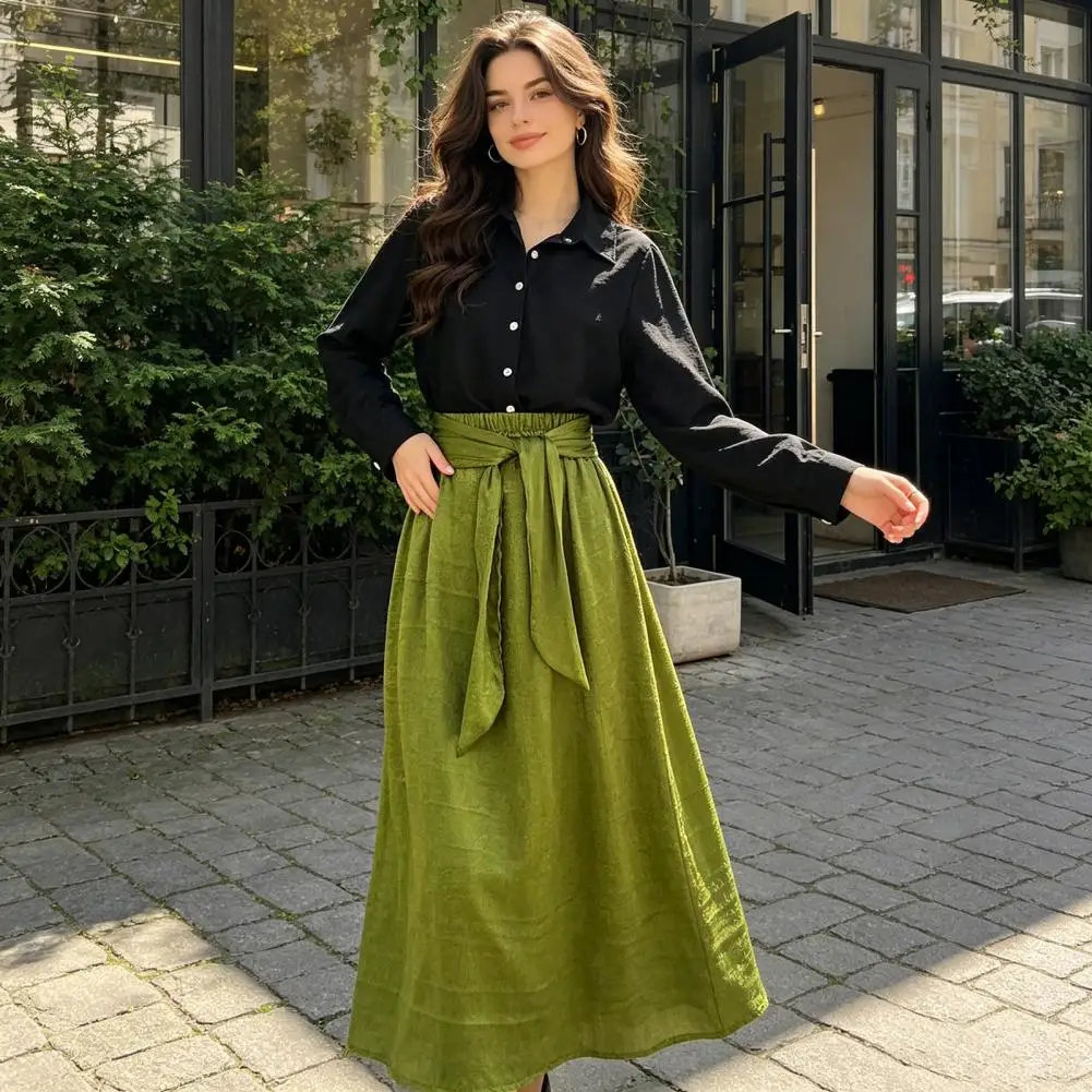 

Polyester Fiber Clothing Long Sleeve Button Down Shirt And High Waist Skirt Matching Outfits Summer Vacation Lounge Sets