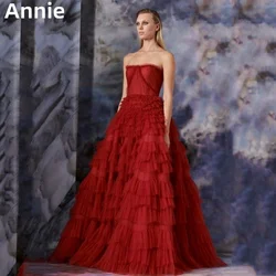 Annie Handmade Tulle Multi-layer Prom Dresses Sexy Strapless Evening Dress فساتين السهرة Red Wedding Party Dress