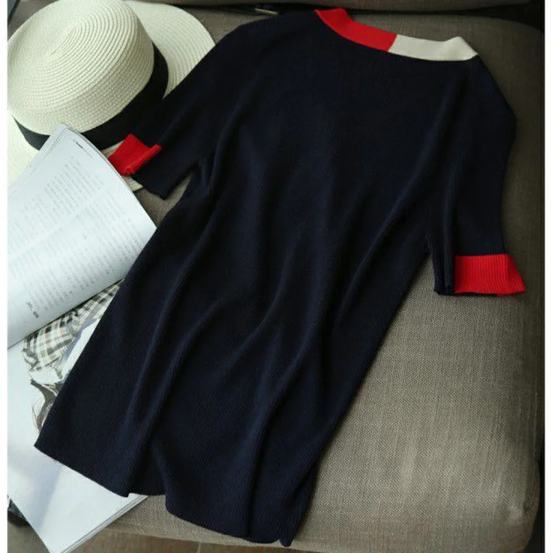 French Hit Color Striped Sweater Women Summer 2023 New Fashion Short Sleeve V Neck Button Slim Casual Knitted Top female clothes