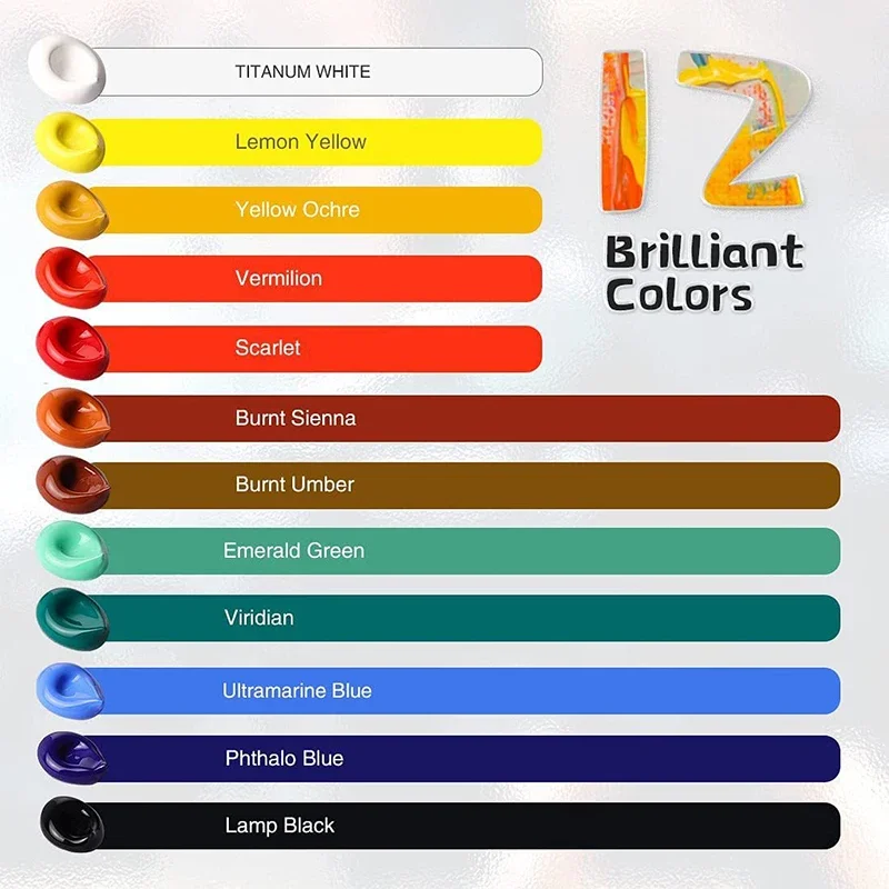 12/24 Colors 12ml Glass Paint Set with 6 Nylon Brushes, 1 Palette, Waterproof Pigment Tube Acrylic Painting Kit for Art Supplies