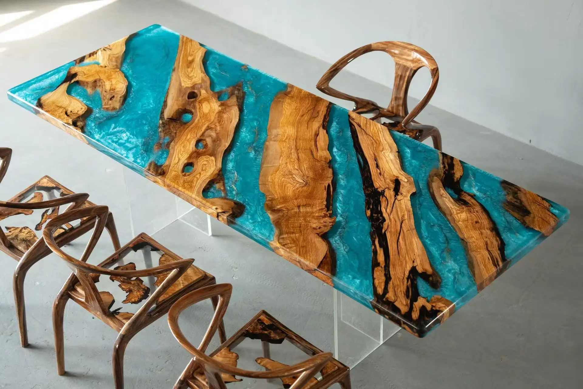 Olive/European Poplar Wood & Blue Epoxy Resin River Table - Natural Live Edge Slab Dining Table, Unique Blue River Design