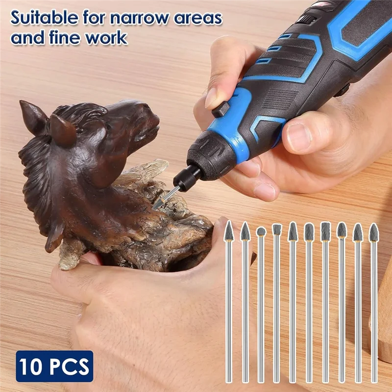 

10Pcs Long Carbide Burr Set 1/8" Shank,Abrasion Double Sided Cutting Rotary File Rasp Attachment For Wood Metal Grinding