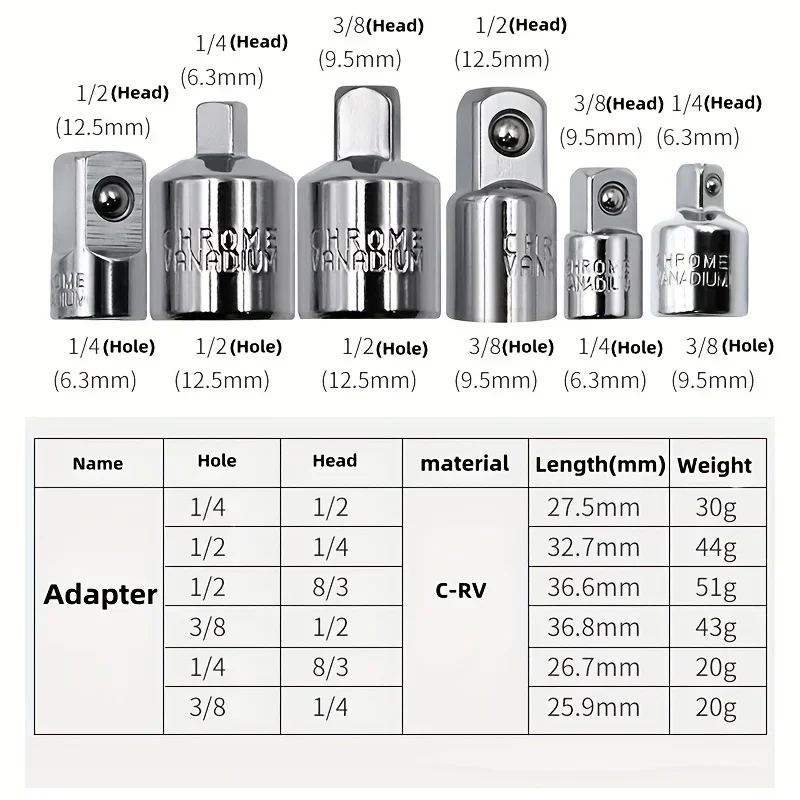 4pc-6pcs Ratchet Wrench Socket Converter Sleeve Head Adapter 1/2 