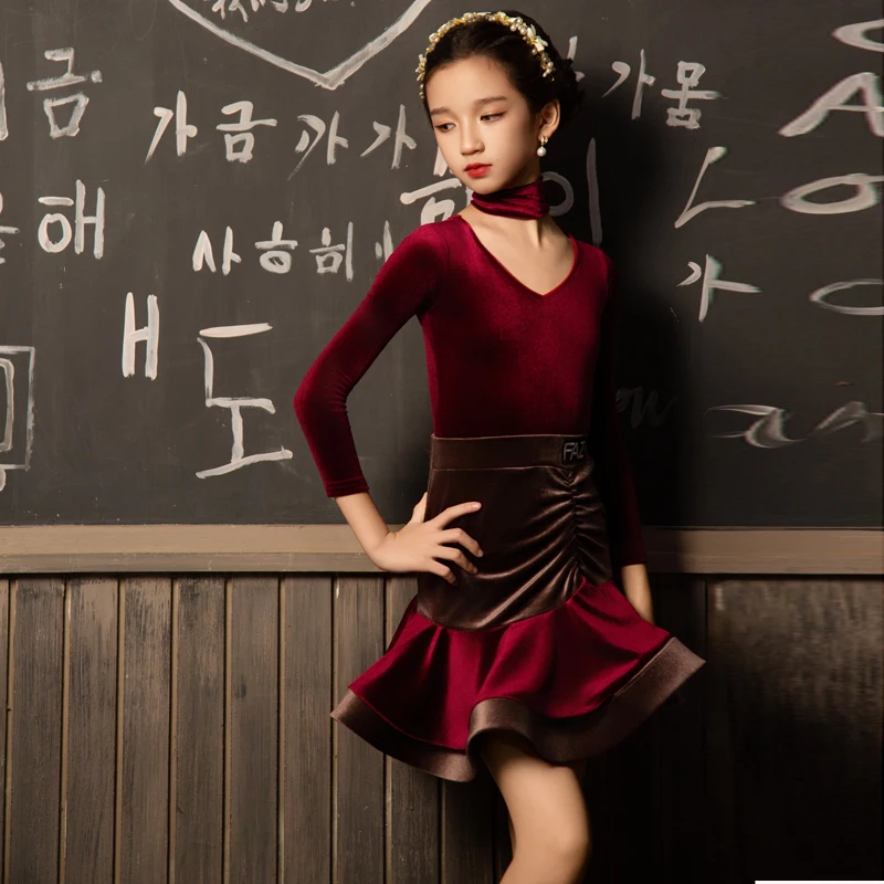 Girls Latin Dance Dress Children Latin Dancing Competition Suit V-Neck Long Sleeve Bodysuit Velvet Skirt Performance Wear 2249