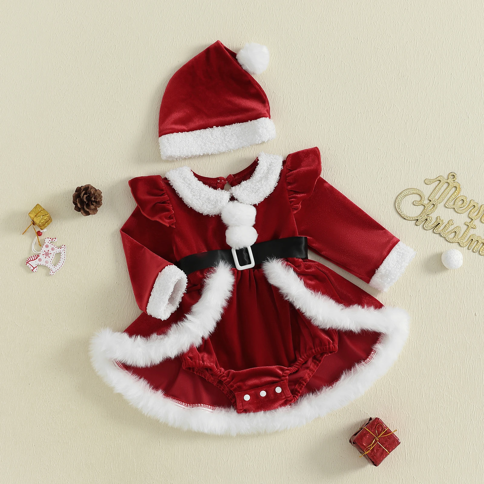 Winter Christmas Infant Baby Girls Bodysuit Dress Plush Patchwork Long Sleeve Jumpsuits Cute Santa Hat Set Outfits