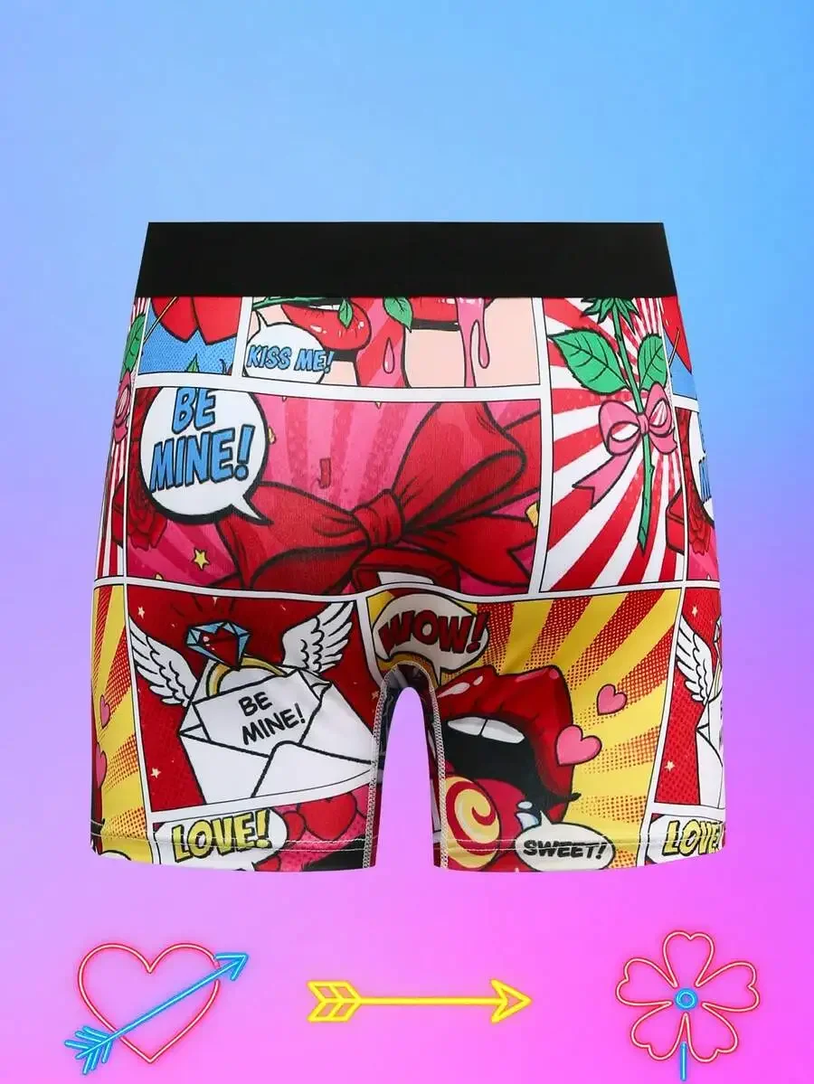 

Mens Valentines Day Comic Print Boxer Shorts Cartoon Love Theme Mid-Length Trunks
