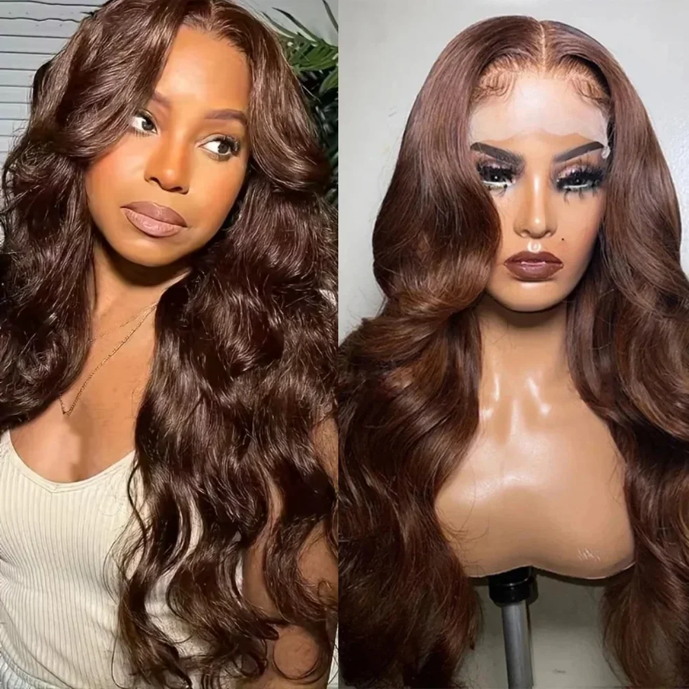 200% Density Chocolate Brown 36 Inch Body Wave Wig HD 13x6 Transparent Lace Frontal Human Wig Pre Plucked Colored Hair For Women