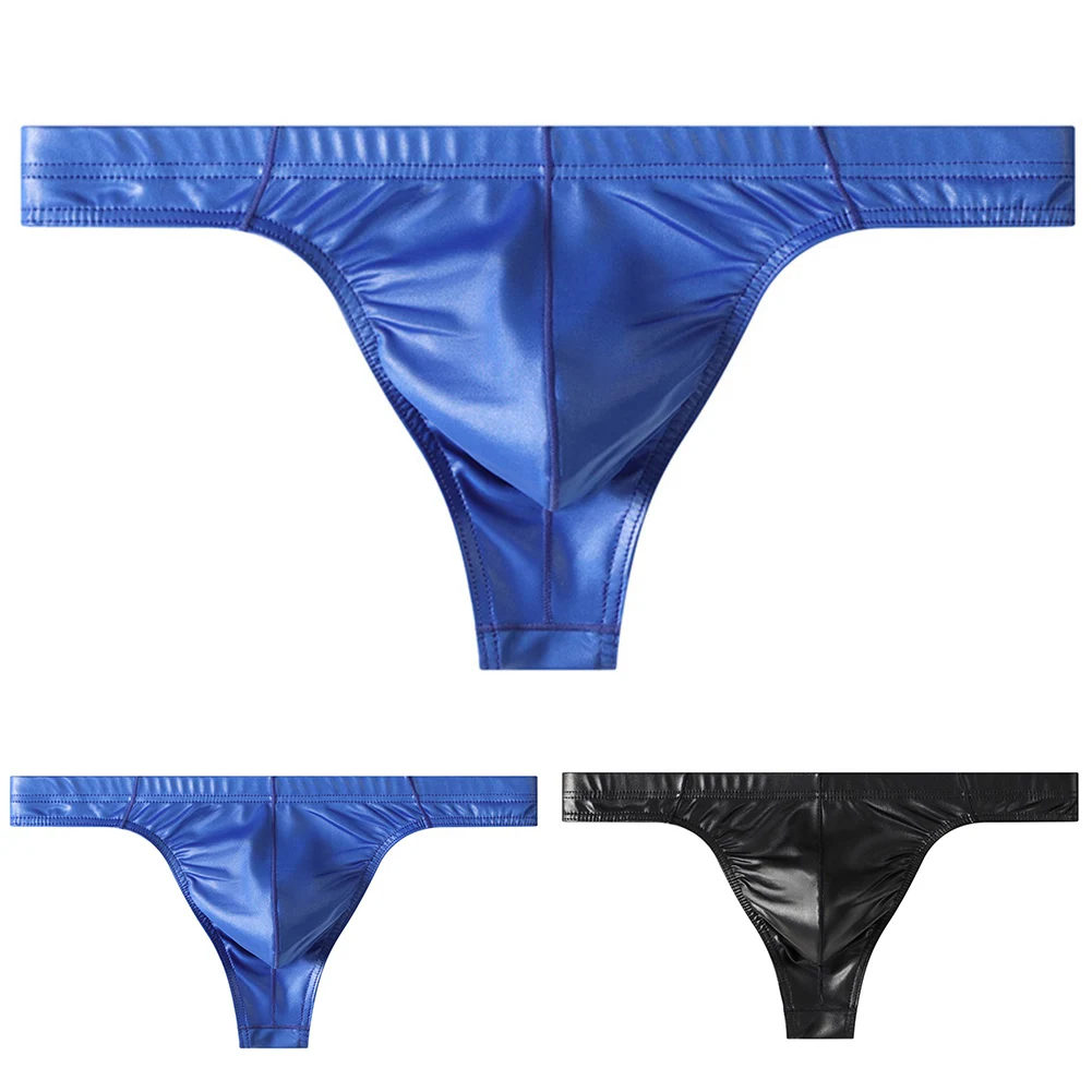 

Bikini Men Black Color Solid Color Faux Leather G-string Thong Big Pouch Low Waist Man Briefs T-back Underwear