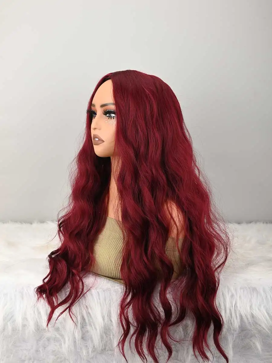 Burgundy Wig With Bangs For Women Long Burgundy Wavy Wigs Dark Red Wigs Natural Looking Heat Resistant Synthetic Wig For Daily Party Use image 2