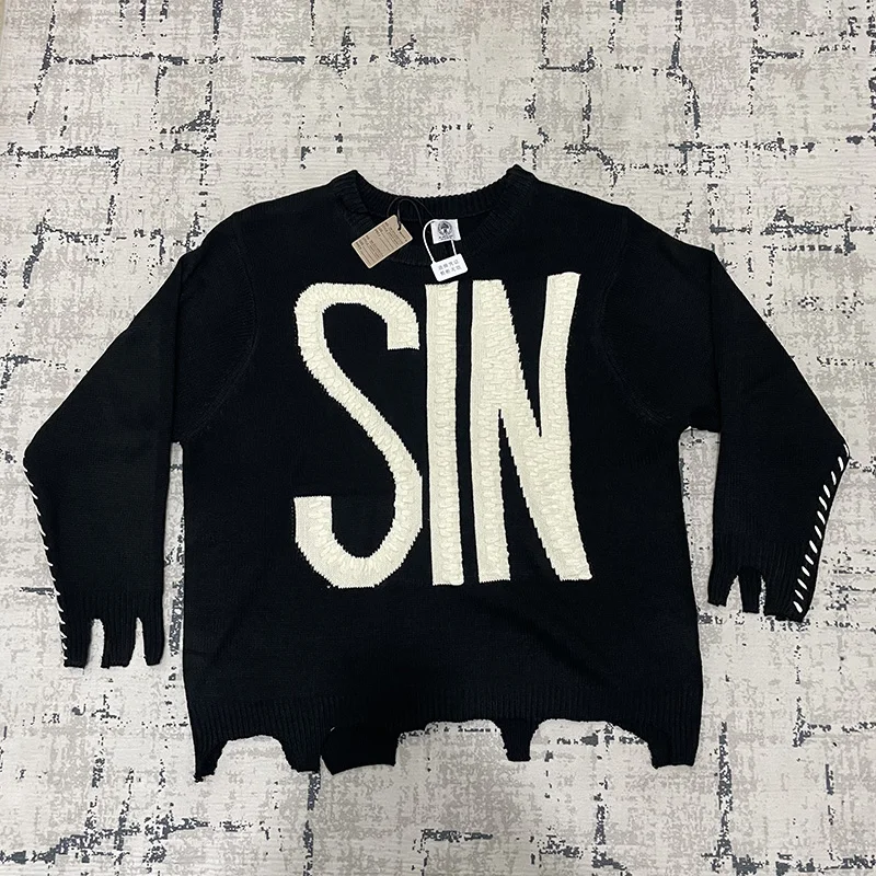 

Мужские и женские повседневные вязаные толстовки SIN жаккардового цвета для пар, высококачественный поврежденный свитер с круглым вырезом 25FW, пуловеры с бирками