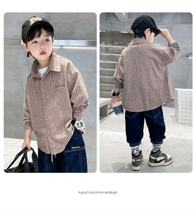 Neues Frühlings-Baumwoll-Langarmhemd für Jungen, Modische High-Street-Oberbekleidung, Oberteile für Teenager, Kariertes Streifenhemd, Alter 5-14 Jahre – Detail 11