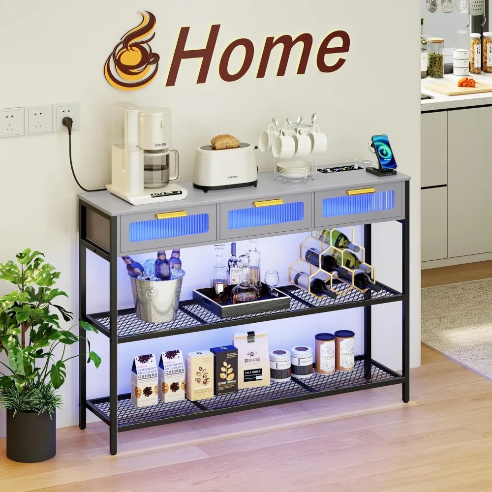 Console Table with LED Light, Entryway Table with Storage Drawers & Shelves, Narrow Long Sofa Table with Chars for Living