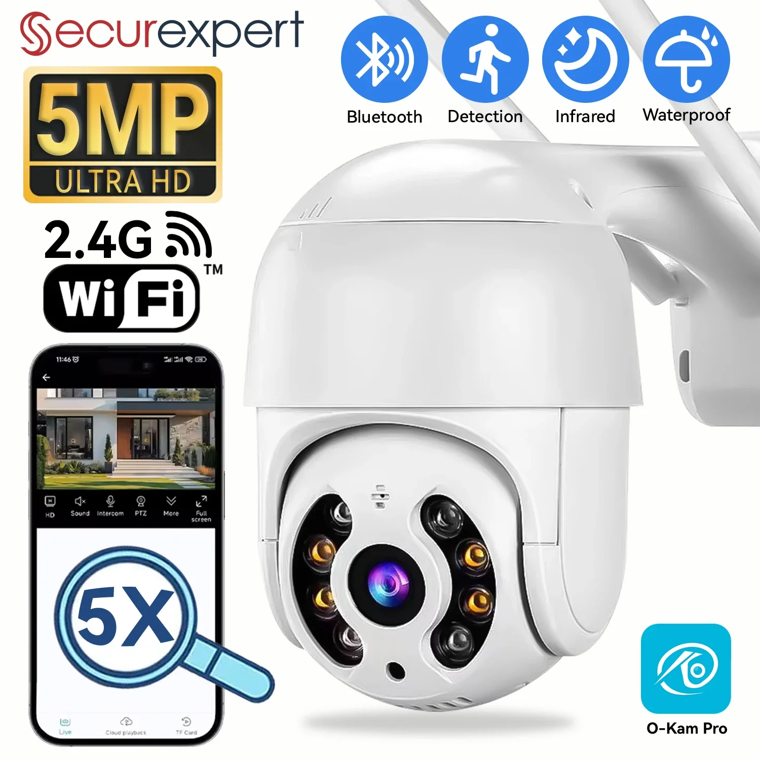 

Securexpert 5-мегапиксельная Wi-Fi IP-камера 3-мегапиксельная скоростная купольная PTZ-камера с автоматическим отслеживанием Умный дом Открытая беспроводная камера наблюдения O-Kam Pro