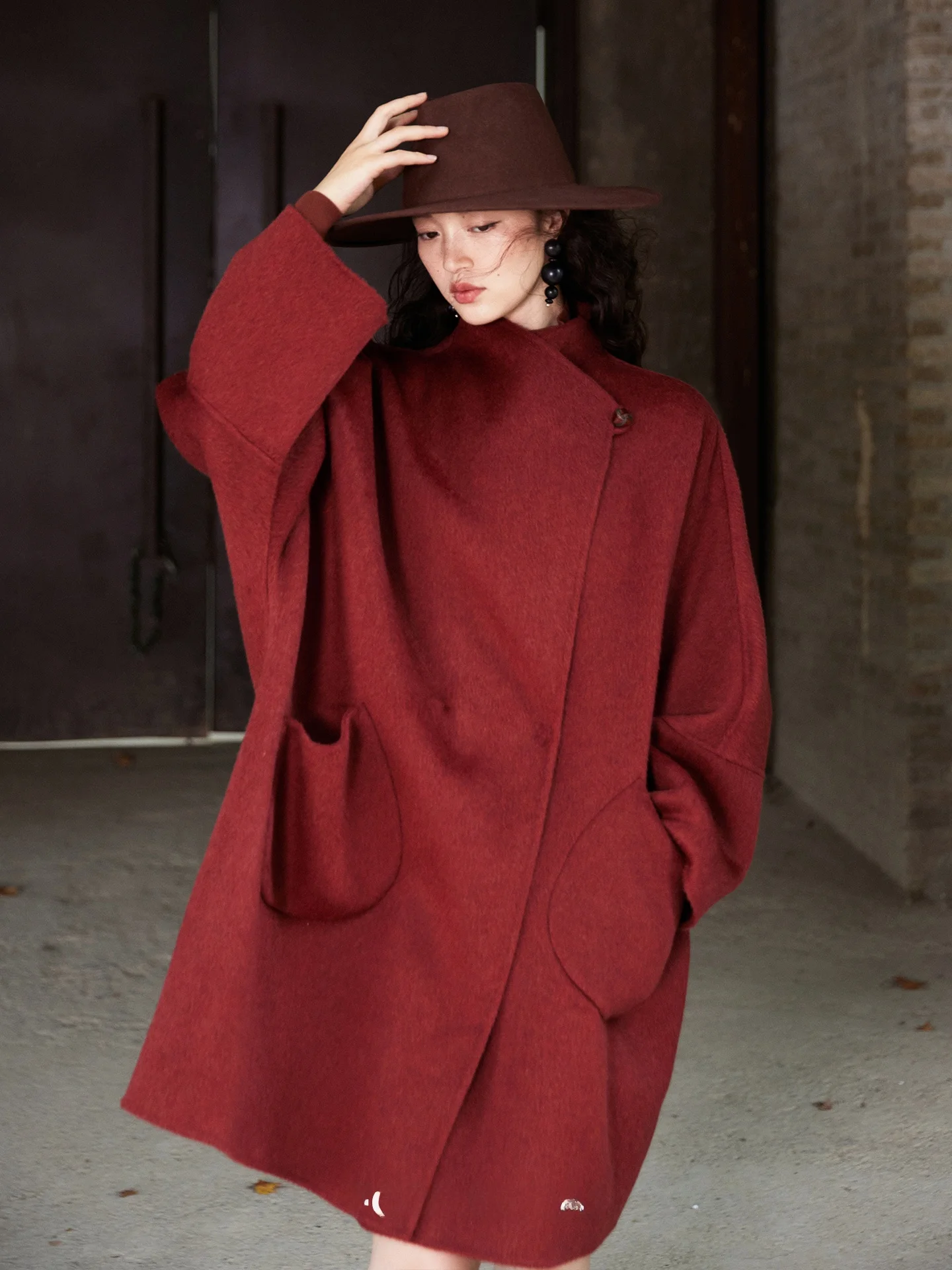 

Двустороннее шерстяное пальто ручной работы из верблюжьего пуха, шелковое шерстяное пальто, плащ, юбка с запахом, комплект Ele, повседневный свободный крой, осенняя мода