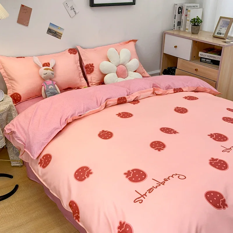 Kawaii Strawberry Bedding Set INS Duvet Cover Single Double Size Comforter Cover Bed Sheet  Child  Girls  Textiles