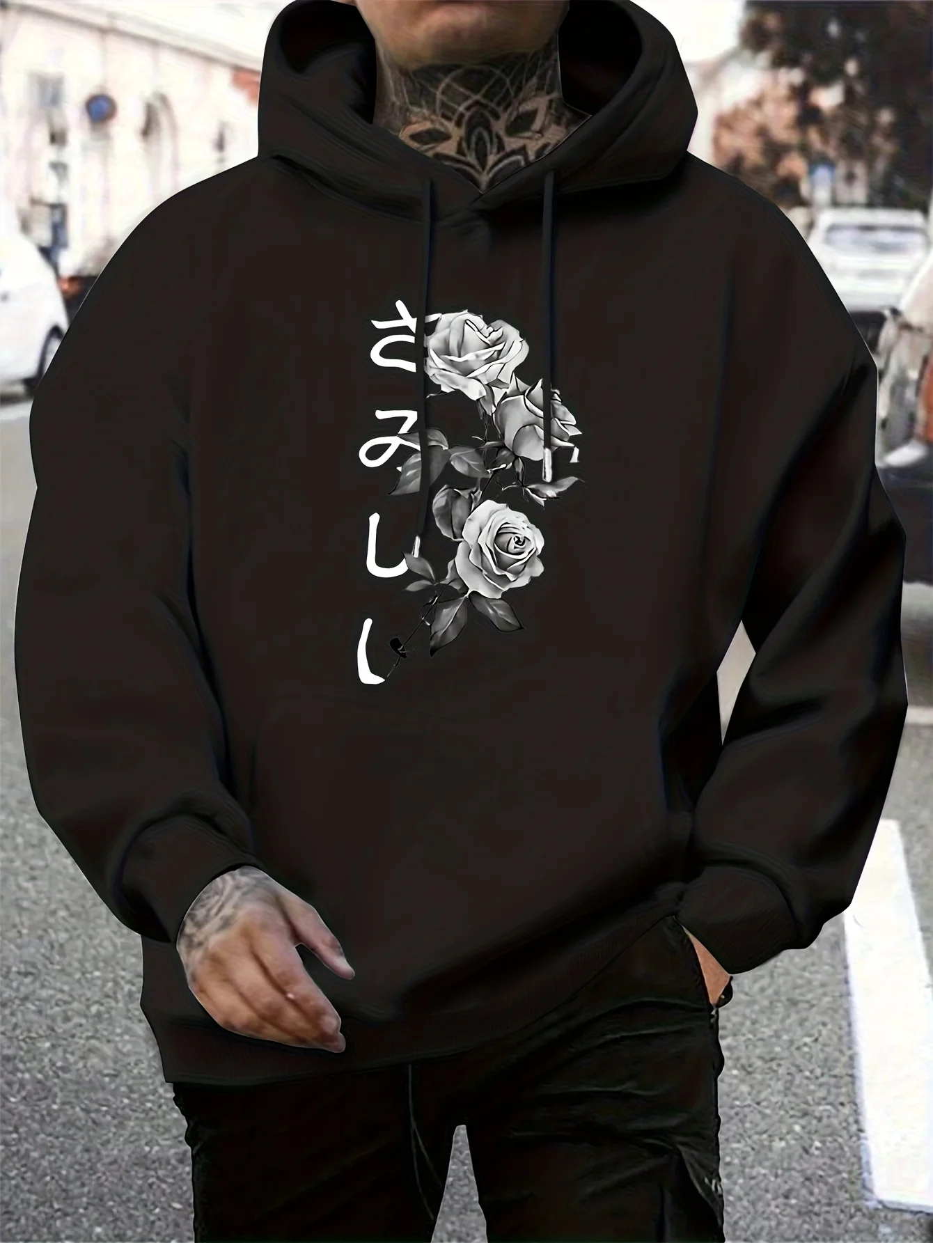 Men's Vintage Japanese Letter Grey Rose Frame Print Hoodie Black Casual Sweatshirt for Hip Hop and Sports Style Enthusiasts