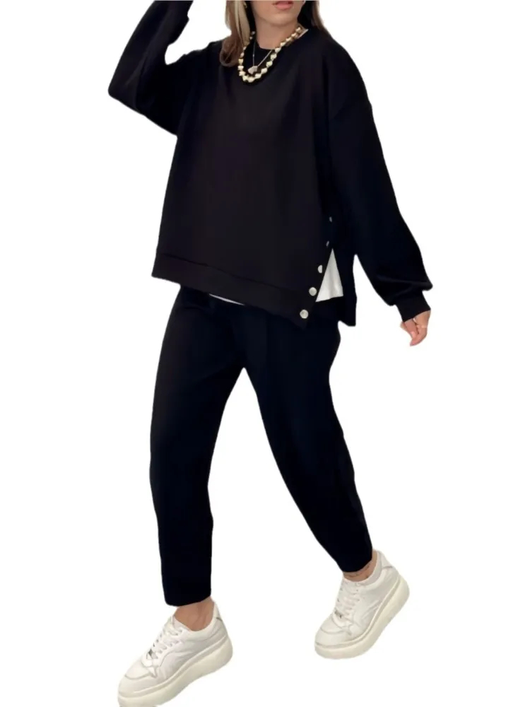 Casual Sporty Style Pants Sets Women Solid Color Buttons Pullover Sweatshirt Trousers Two Piece Set Female 2024 New Sports Suit