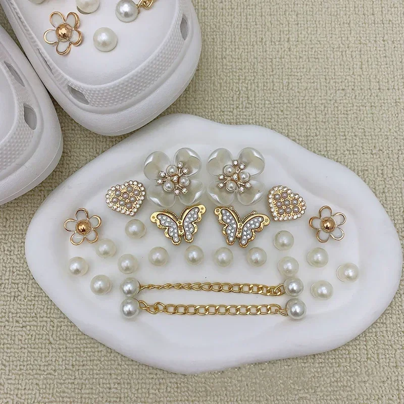 Pearl Flower Shoes Charms Set Fashion Diamond Butterfly DIY 3D Shoe Flower Detachable Chain Buckle Girl Shoe Decoration