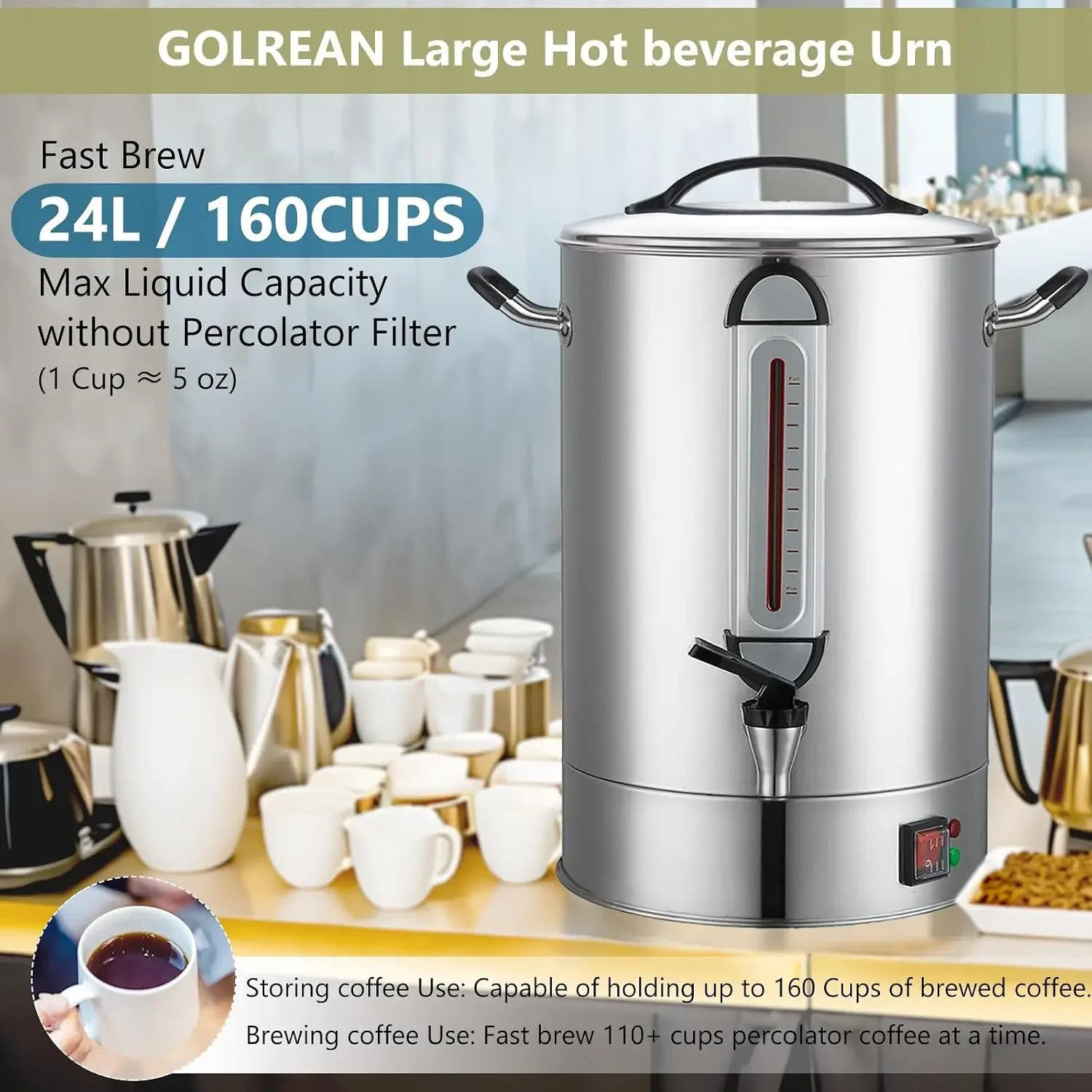 Commercial Coffee Urn 24L 160Cup Stainless Steel Quick Brew Hot Dispenser for Catering, Commercial Grade Large Capacity Coffee M