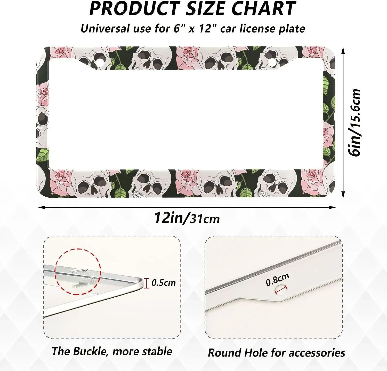 Skulls Pink Floral Pattern Car License Plate Frame 2 Pack License Plate with 2 Holes Car Tag Frame for Women Men US Vehicles