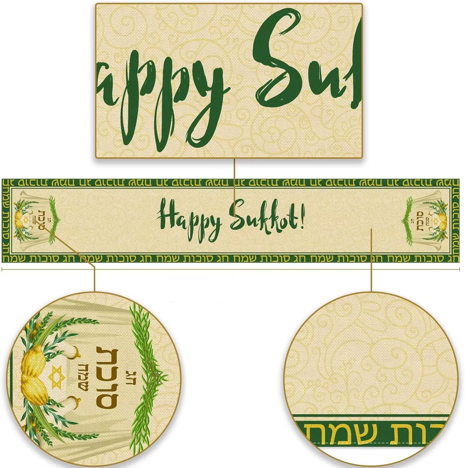 Sukkot Festival Linen Table Runner with Etrog Lulav Pattern, Jewish Holiday Decor for Kitchen Dining Table Setting