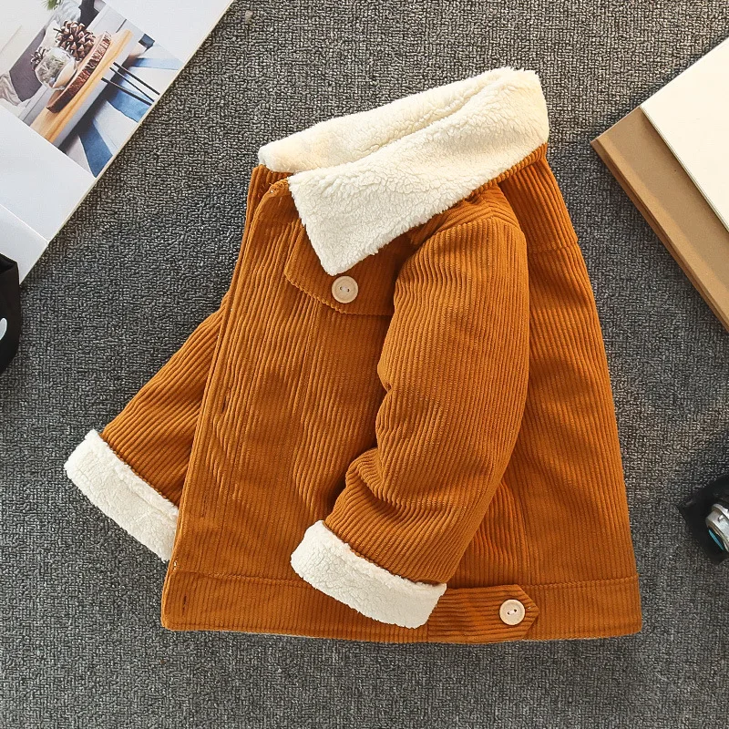 Unisex Winter-Wärmemantel für Kleinkinder Retro Cordstoff Flauschig Sherpa-Gefüttert Fleecekragen Knopfverschluss Vorne Kinderjacke – Detail 10