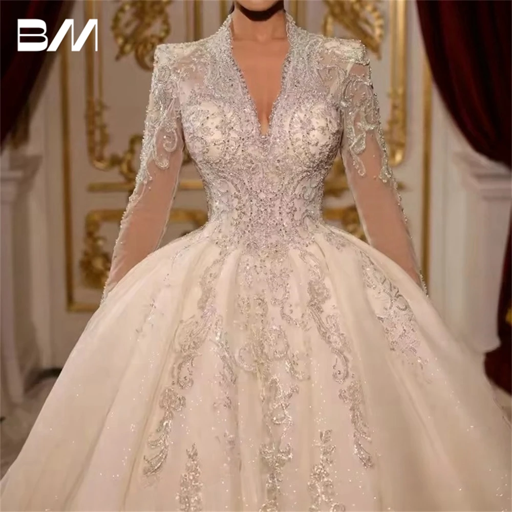 

Princess Beaded Ball Gown Wedding Dress, Illusion Full Sleeves, Customized Rhinestones Bride Dresses, Plus Size Bridal Gown