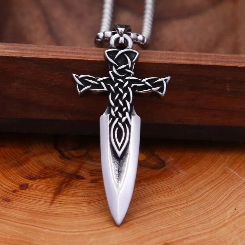 Celtic Interwoven Knot Sword Cross Stainless Steel Pendant Necklace Retro Nordic Irish Jewelry For Men Daily Surf Holiday Gift
