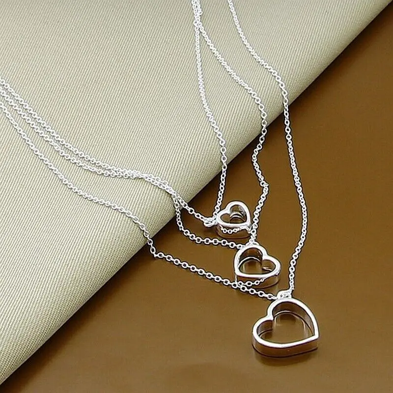 925 Sterling Silver Triple Heart Pendant Necklace Chain Expression of Love Fashion Jewelry