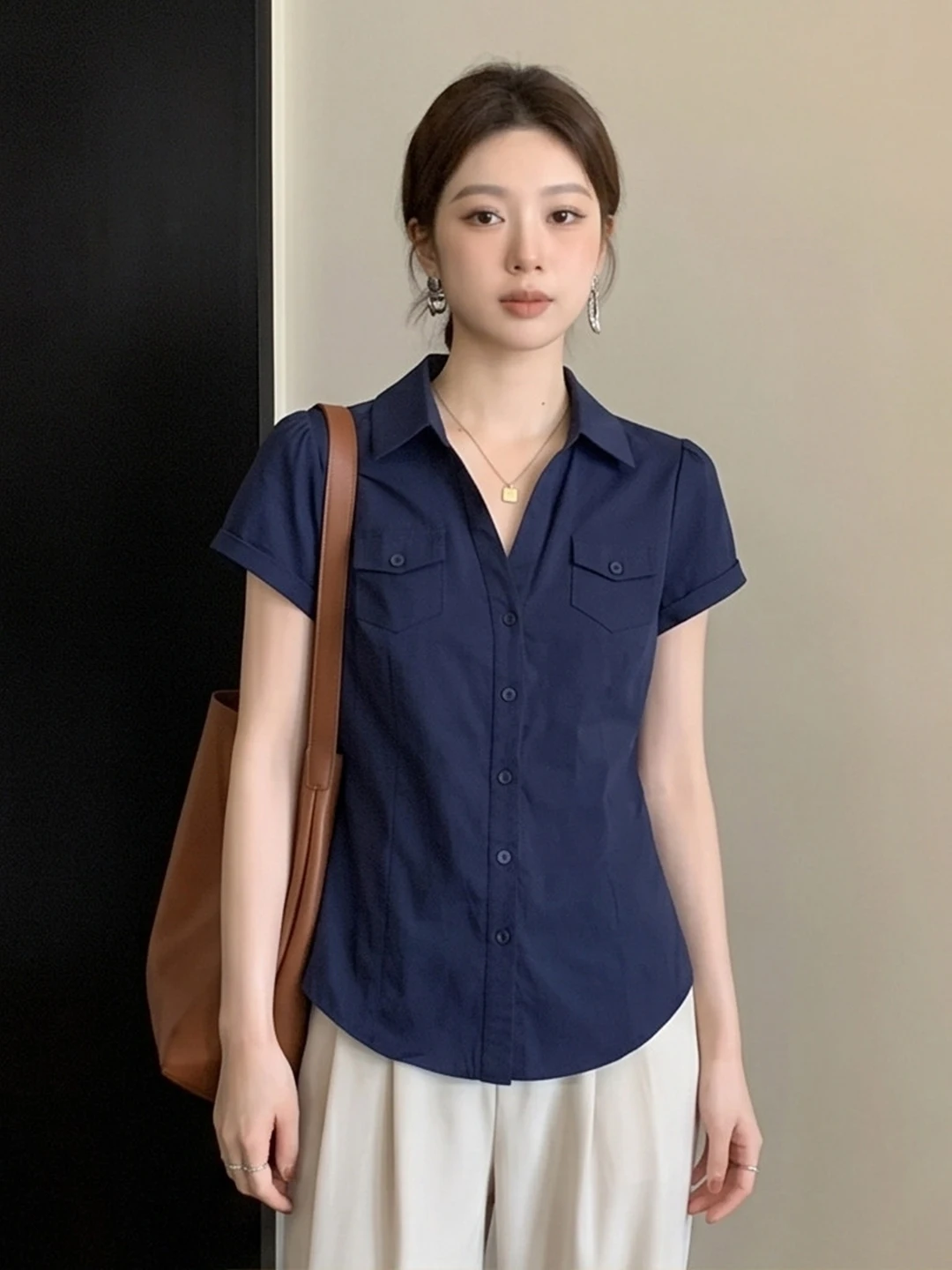 Korean Style Slim Fit Short Sleeve  Shirt Women Summer plus Size Fitted Waist Cinched Super Beautiful Top for Younger Look