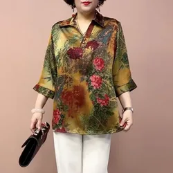 Summer and Autumn Women's Pullover Lapel Button Printed Flower Shirt V-neck Three Quarter T-shirt Underlay Fashion Elegant Tops