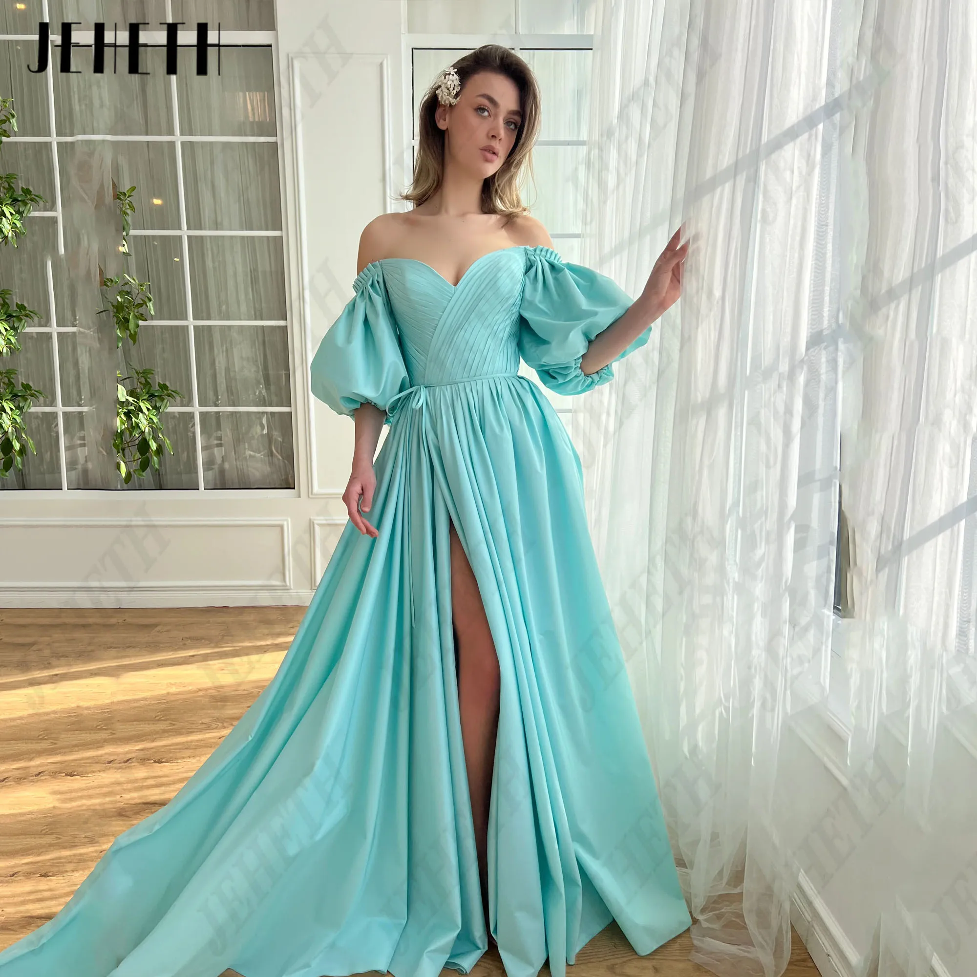 

JEHETH Satin Puff Sleeves Prom Dresses For Woman Side Split A-Line Lace Up Vestidos De Festa Backless Elegant Party Gowns