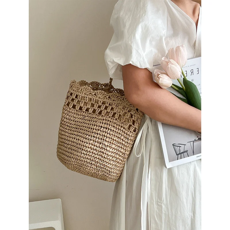 Summer Straw Bag For Women Handmade Woven Drawstring Beach Crossbody Bags Raffia Rattan Weaving Shoulder Bag Knitting Bag