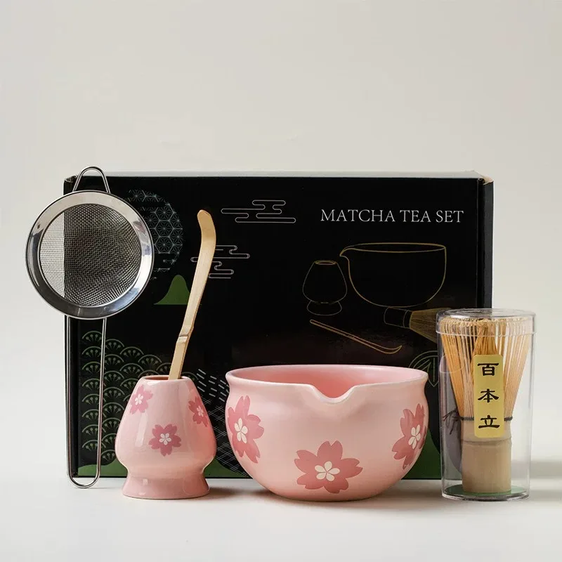 

4PCS Flowers Pink Ceramic Bowl Matcha Tea Set Gift Box Safe Bamboo Brush Teaspoon Whisk Holder Matcha DIY-Making Tools