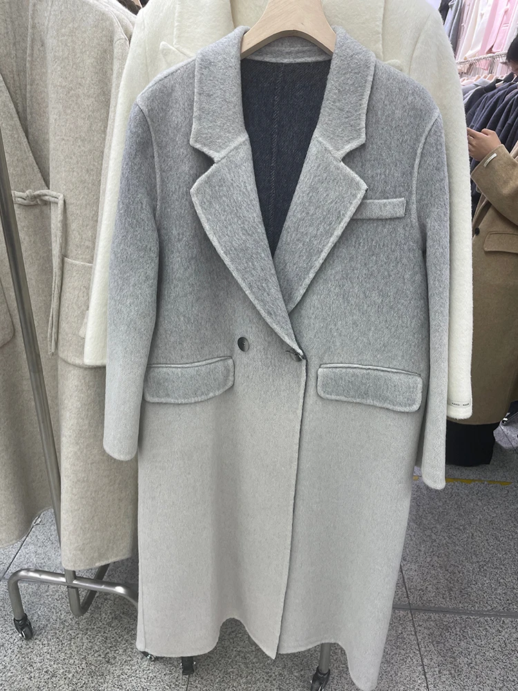 [EWQ] Long Sleeve Overcoat Elegant Women Clothing Long Sleeve Wool Coat Gradient Double-faced Cashmere Top 2024 Autumn Outerwear