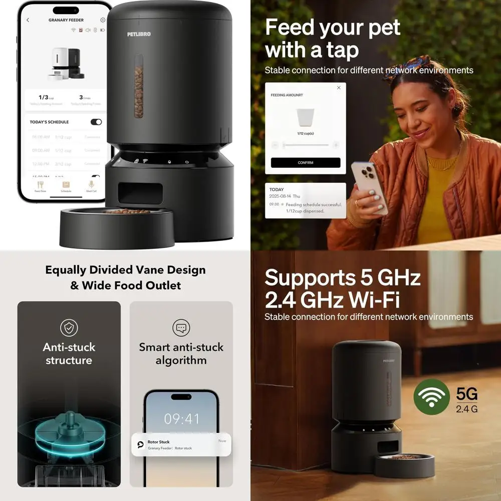 

Автоматическая кормушка для животных 5L 5G WiFi с функцией сохранения свежести, программируемая до 10 приемов пищи, черная, в стиле «Гранарий»