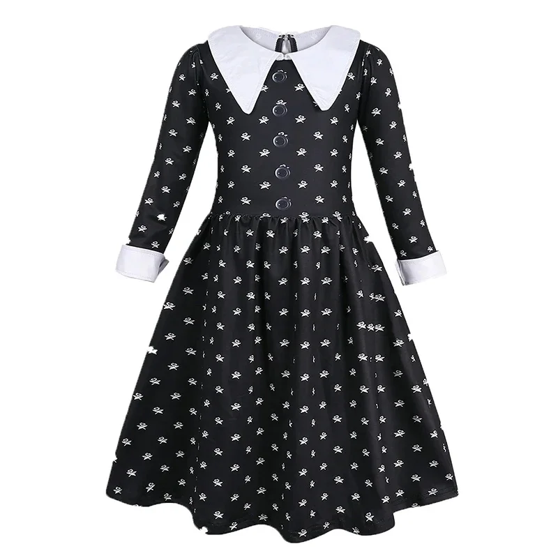 Fashion Kids Movie Wednesday Addams Cosplay Princess Dress and Wig Bag Set Girl Halloween Costume Carnival Gothic Black Clothes