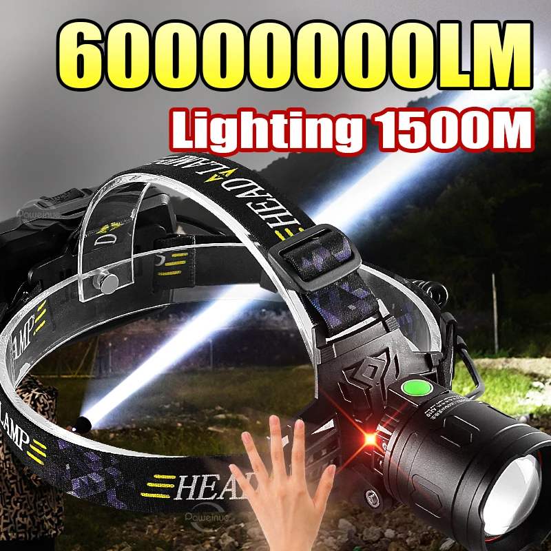 Super 6000000LM Powerful LED Headlamp XHP199 Headlight Rechargeable Head Flashlight High Power Outdoor Head Lamp Fishing Light