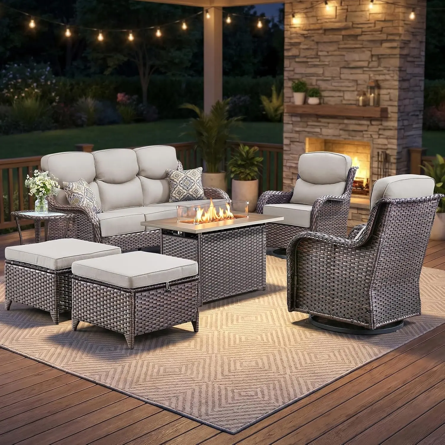 Swivel Rocker Fire Pit Patio Furniture Set 7-Piece Wicker Sofa Ottoman 6" Thick Cushion High Back Outdoor Seating, Customized