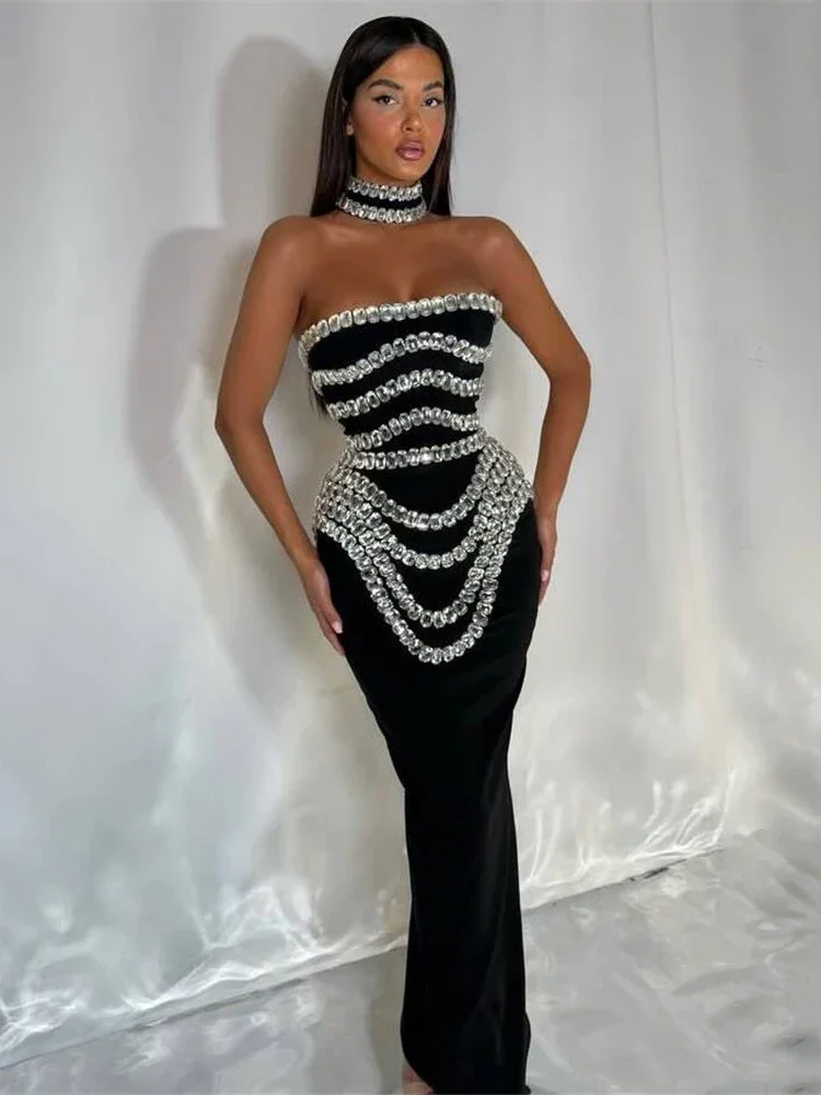 

Sexy Strapless Crystal Design Long Bandage Dress Women Black Sleeveless Diamonds Chain Bodycon Dresses Evening Party Gowns