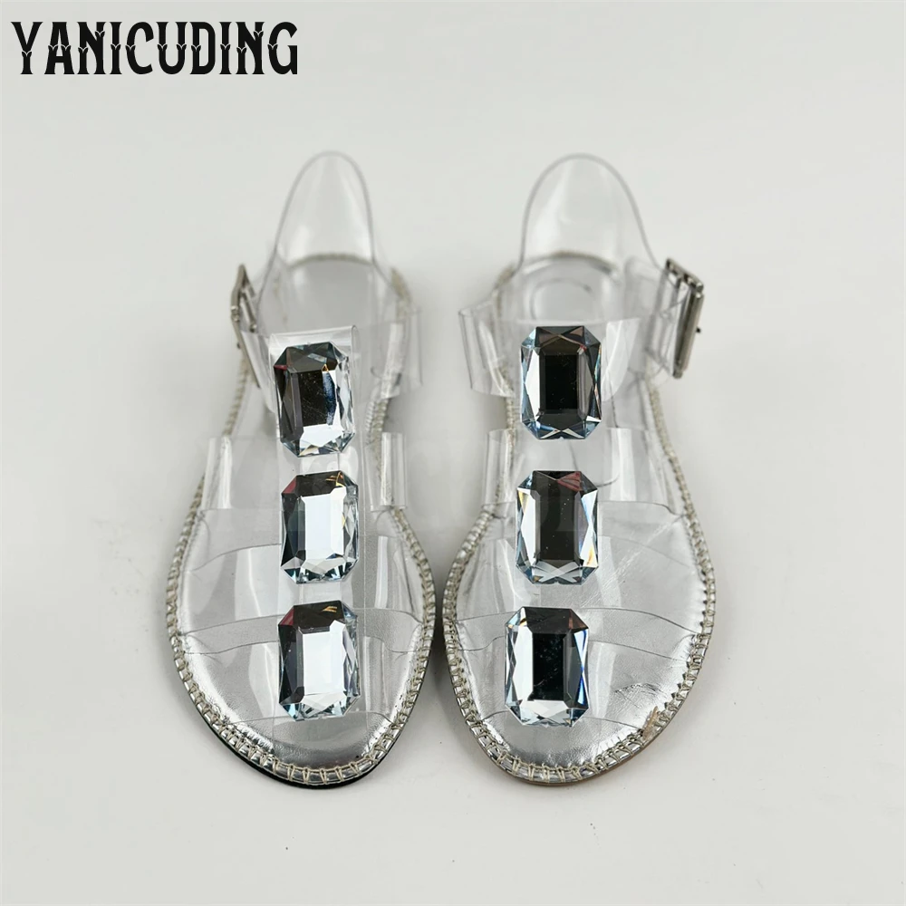 Multiple Silver Gemstone Flat Gladiators Transparent Pvc Luxury Summer Sandals Silver Patent Leather Ankle Buckle Women's Flats