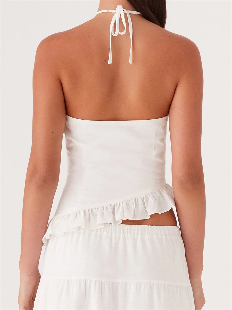 Top feminino halter com amarração sem mangas, sem costas, vazado, babados, colete de verão para festa em clube